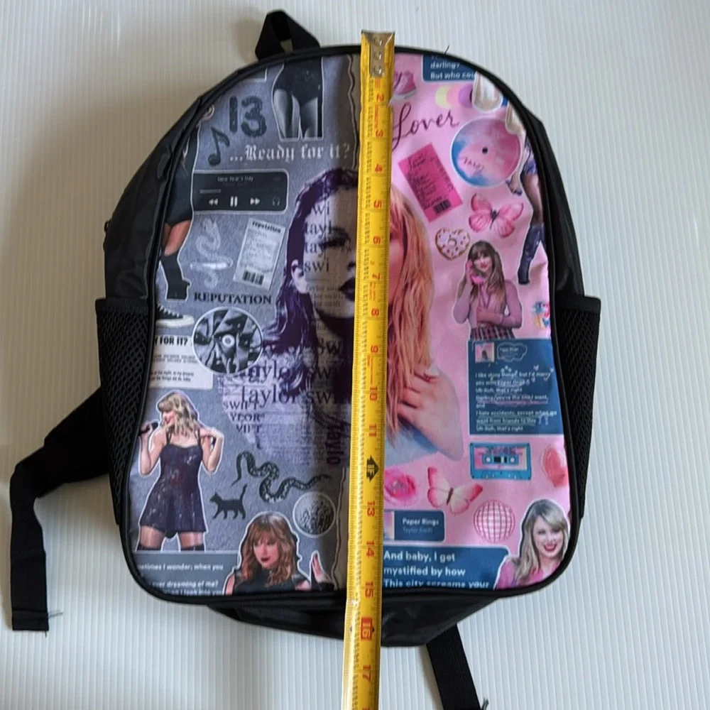 Taylor Swift inspired black, pink & gray collage backpack.